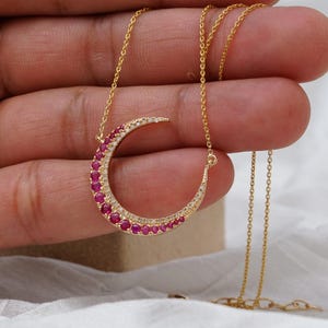 Natural Ruby Gemstone CRESCENT MOON Pendant Necklace Solid 14k Gold Real Diamond Pave Jewelry Wedding Birthday Gift Religious