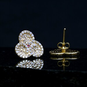 Solid 14k Yellow Gold Pave Natural Diamond Three Petals Stud Earrings Ruby Gemstone Jewelry Women&#39;s Gift Handmade Jewelry Christmas Day Gift