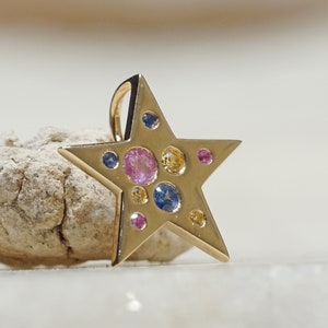 Multi Sapphire Gemstone Solid 14k Yellow Gold Star Charm Pendant Back Loop Designer Jewelry Gift For Bridesmaid Christmas Gift For Birthday