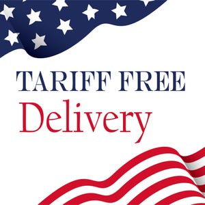 May include: Image with a white background and the text "TARIFF FREE Delivery" in navy blue and red. The top of the image features a blue section with white stars, and the bottom has red and white stripes.