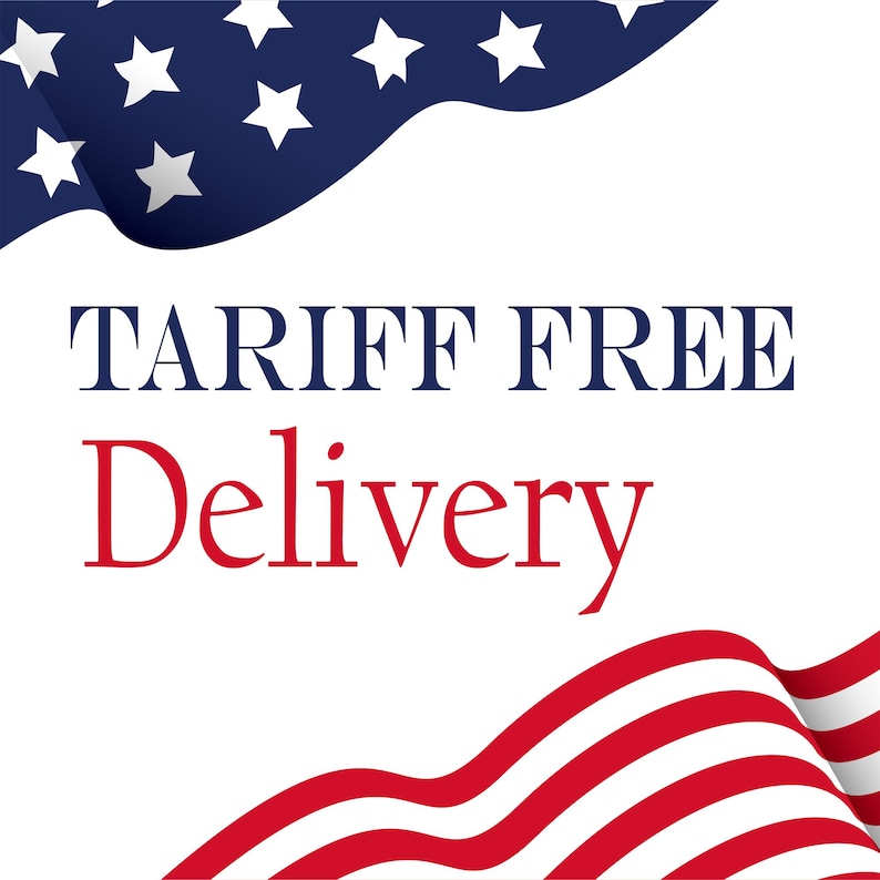 May include: Image with a white background and the text "TARIFF FREE Delivery" in navy blue and red. The top of the image features a blue section with white stars, and the bottom has red and white stripes.