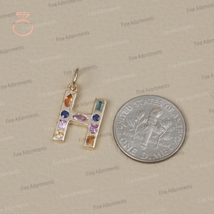 Solid 14k Yellow Gold H Initial Pendant Natural Multi Sapphire Gemstone Gold Charm Pendant Unisex Valentine&#39;s Day Gift Gold Initial Jewelry