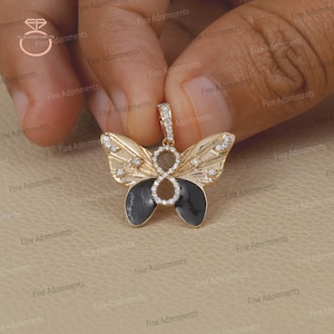 Pave Diamond Solid 14k Yellow Gold Butterfly Pendant Black Enamel Jewelry Big Dainty Pendant Butterfly Gold Diamond Necklace Charm Jewelry