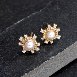 Pearl Stud Earrings Solid Gold 14k Stud Earrings Double Cut Natural Diamond Earrings  For Women Girl Christmas Gift Minimalist Stud Earrings