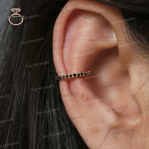 Black Pave Diamond Ear Cuff, Solid 14k Gold Pave No Piercing Hoop Ear Cuff, Gold Cartilage Earrings Jewelry 10 MM Women's Gift New