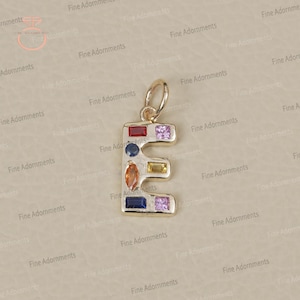 Solid 14k Yellow Gold E Initial Pendant Natural Multi Sapphire Jewelry S Charm Pendant Unisex Valentine&#39;s Day Gift Gold Gemstone Jewelry New