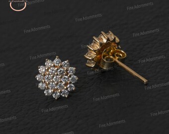 Pave Diamond Solid 14k Yellow Gold Stud Earrings Handmade