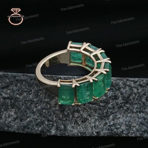 Solid 14k Yellow Gold Band Ring Natural Emerald Gemstone Half Eternity Ring May Birthstone Wedding Gift Handmade Jewelry Stacking Ring New