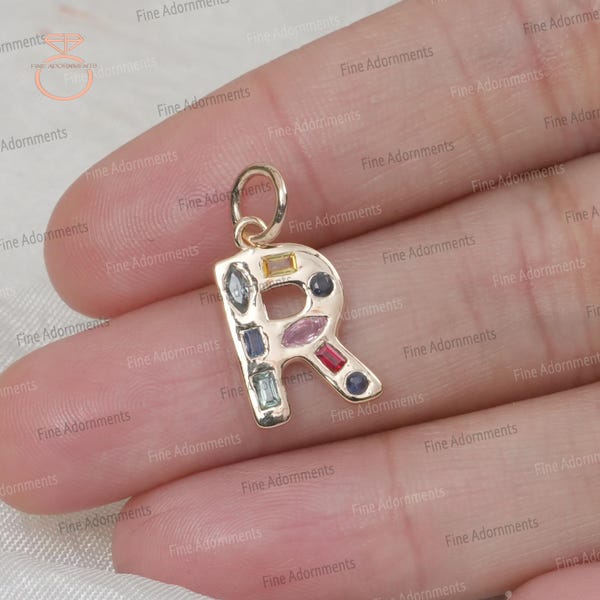 Solid 14k Yellow Gold R Initial Pendant Natural Multi Sapphire Jewelry Unisex Gift Gold Charm pendant Handmade Minimalist R Letter Charm New