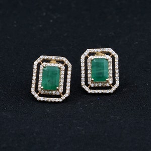 Natural Emerald Gemstone Stud Earrings Solid 14k Yellow Gold Stud Earrings Natural Diamond Jewelry May Birthstone Wedding Jewelry Christmas