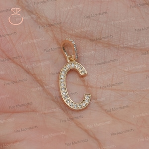 Solid 14k Yellow Gold Small C Initial Pendant Pave Diamond C Jewelry Gold Charm C Pendant Unisex valentine's Day Gift Gold Jewelry 09X22 MM