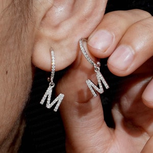 Pave Diamond M Initial Earrings, 14k Gold Initial Hoops