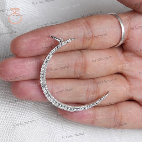 Gold Crescent Moon Pendant Solid 14k White Gold Charm Pendant Necklace Pave Diamond Jewelry Half Moon Jewelry Handmade Pendant New 30X45 MM