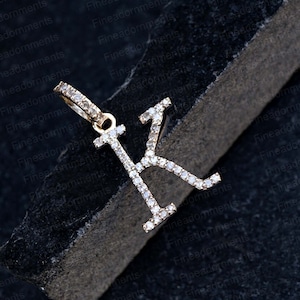 Colgante con la letra K en oro amarillo macizo de 14 k, con pavé de diamantes, unisex, con el alfabeto K, regalo hecho a mano.