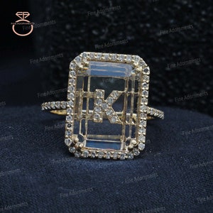 Solid 14k Gold Crystal Ring Pave Diamond Initial Ring Unisex Gift Handmade Cocktail Ring Diamond Crystal Wedding Gift Letters Customize Ring