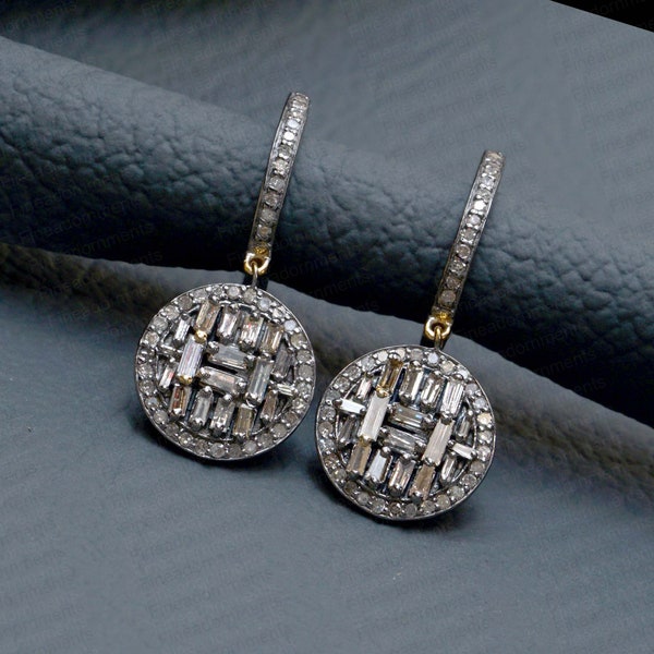 Solid 925 Silver Earrings, Pave Diamond Jewelry, Baguette Oxidized Earrings, Dainty Hoop Dangle Earrings Handmade Jewelry, 15X30 MM