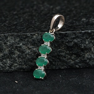 Four Emerald Pendant Solid 14k Yellow Gold Natural Diamond Pave Jewelry Oval Cut Emerald Gemstone Pendant Charm Jewelry