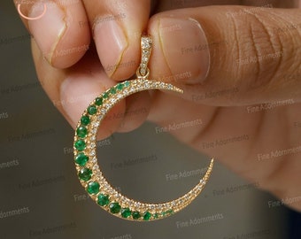 Natural Emerald Gemstone CRESCENT MOON Pendant Solid 14k Gold Real Diamond Pave Jewelry Wedding Birthday Gift Religious Pendant 25 MM New