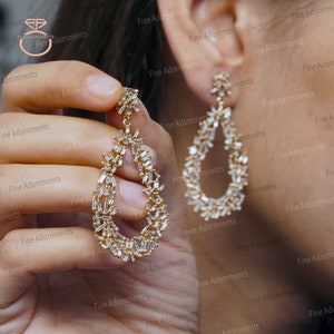 Baguette diamond Earrings 14k Yellow Gold Wedding Jewelry Handmade Drop Dangle Big Earrings Gold Baguette Women&#39;s Long Jewelry 52X22 MM New