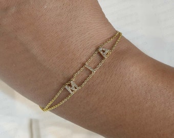 Pulsera personalizada, pulsera de cadena con inicial de oro sólido de 14k, pulsera con nombre de diamante pavé, pulsera con letras, regalo de boda Unisex, joyería de oro