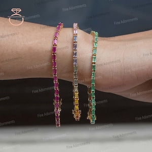 3 Piece Dainty Gold Bracelet Set Natural Emerald, Ruby, Multi Sapphire Gemstone Tinny Jewelry Minimalist Gold Bracelet, Simple Gold Bracelet