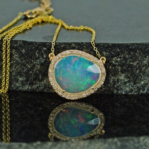 Natural Opal Gemstone Pendant Chain Necklace Pave Diamond Solid 14k Yellow Gold Fine Jewelry Gift For Her Christmas Handmade Necklace New