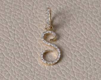 Solid 14k Gold Initial S Pendant Pave Diamond Jewelry Alphabet Charm Pendant 22 MM New Design Unisex Pendant Jewelry S Gold Diamond Pendant