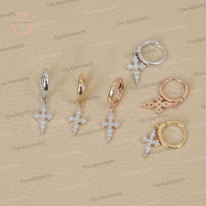 Pendientes de oro macizo de 14 k para cartílago, joyería de caracol con pavé de diamantes, pendientes minimalistas delicados, joyería cruzada, pendientes con segundo orificio, 10 x 21 mm, nuevos