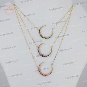 Pave Diamond Solid 14k Yellow Gold Moon Necklace Natural Ruby, Emerald, Blue Sapphire Gemstone CRESCENT MOON Pendant Necklace Gold Jewelry