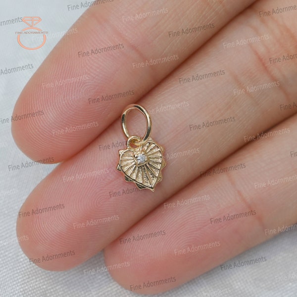 Pave Diamond Solid 14k Yellow Gold Heart Pendant Handmade Minimalist Love Valentine Jewelry Sunburst Heart Small Charm Diamond Pendant 8 MM