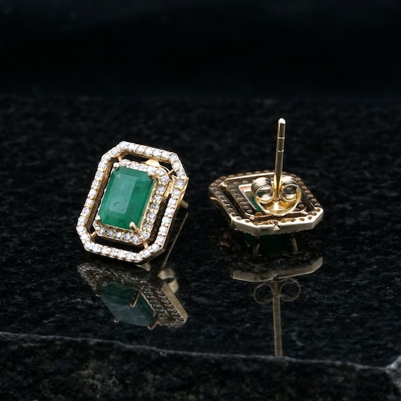 天然エメラルド宝石スタッドピアス ソリッド14Kイエローゴールド 天然エメラルド宝石スタッドピアス ソリッド14Kイエローゴールド