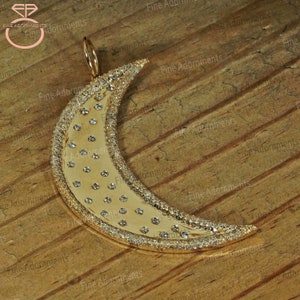 Solid 14k Yellow Gold Charm Pendant Necklace Pave Diamond Crescent Moon Pendant Jewelry Half Moon Pendant Handmade Jewellery New 15x50 MM
