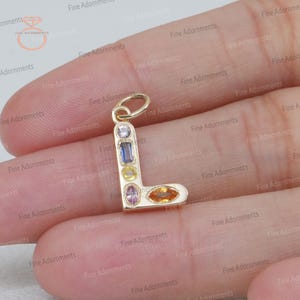 Pingente inicial L de ouro amarelo 14k sólido natural multi safira joias pingente de charme de ouro unissex presente feito à mão minimalista letra L charme novo