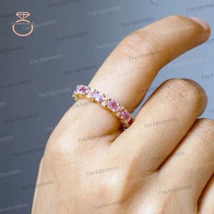 Pave Diamond Solid 14k Gold Stack Ring Natural Pink Sapphire Gemstone Jewelry Real Diamond Band Ring Gemstone Jewelry Handmade Ring New