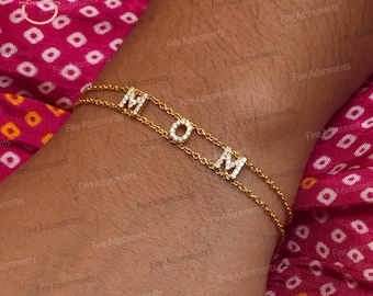 Pulsera inicial de pavé de diamantes, pulsera con nombre de cadena de oro amarillo de 14k, pulsera hecha a mano con letras de diamantes para mamá, regalo de joyería personalizado para ella
