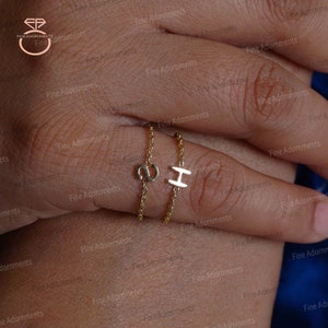 Solid 14k Yellow Gold Chain Ring Handmade Minimalist Initials Ring A to Z Small Dainty Letter Ring Gold Charm Personalized ring Gift for her