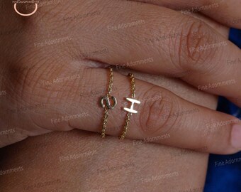 Anello con catena in oro giallo massiccio 14k, anello minimalista fatto a mano con iniziali, piccolo anello con lettera dalla A alla Z, ciondolo in oro, anello personalizzato, regalo per lei