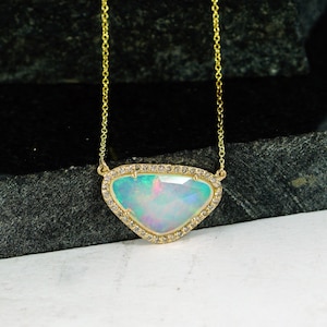 Multicolor Gemstone Opal Pendant Chain Necklace Pave Diamond Solid 14k Yellow Gold Feminine Jewelry Gift For Birthday Wedding Jewelry