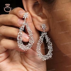 14k White Gold Wedding Jewelry Baguette diamond Earrings Handmade Drop Dangle Big Earrings Gold Baguette Women&#39;s Long Jewelry 52X22 MM New