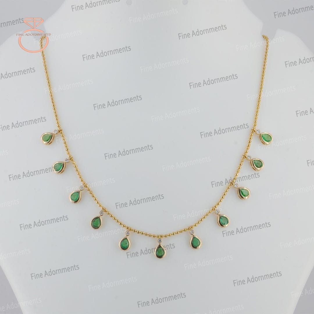 Solid 14k Yellow Gold Ball Chain Necklace Natural Emerald Gemstone ...
