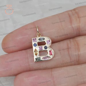 Natural Multi Sapphire Solid 14k Yellow Gold B Initial Pendant Gold Charm Jewelry Unisex Gift Handmade Gemstone B Pendant Small Jewelry New
