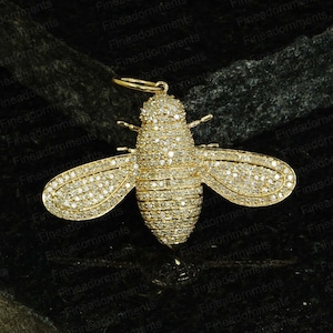 Bee Insect Pendant Solid 14k Yellow Gold Charm Pendant Pave Diamond Jewelry Bee Pendant Fine Jewelry Handmade Insect Pendant New 25X40 MM