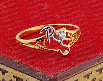 Solid 14k Yellow Gold Ring, Pave Diamond Initial RS Ring Heart