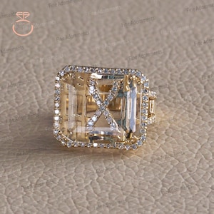 Solid 14k Yellow Gold Crystal Ring Pave Diamond Initial Ring Unisex Gift Handmade Cocktail Ring Diamond Crystal Wedding Gift Letters Ring
