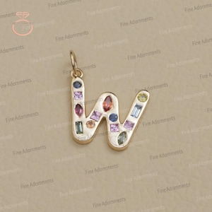 Solid 14k Yellow Gold W Initial Pendant Natural Multi Sapphire Jewelry Handmade Gold Charm Pendant Minimalist W Letter Jewelry 17X15 MM New