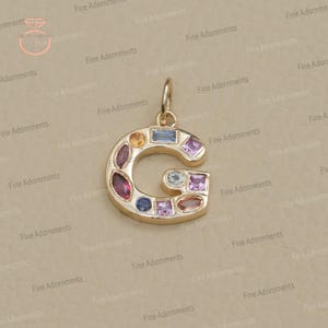 Natural Multi Sapphire Solid 14k Yellow Gold G Initial Pendant Gold Charm Jewelry Unisex Gift Handmade Minimalist G Letter Pendant 13X13 MM
