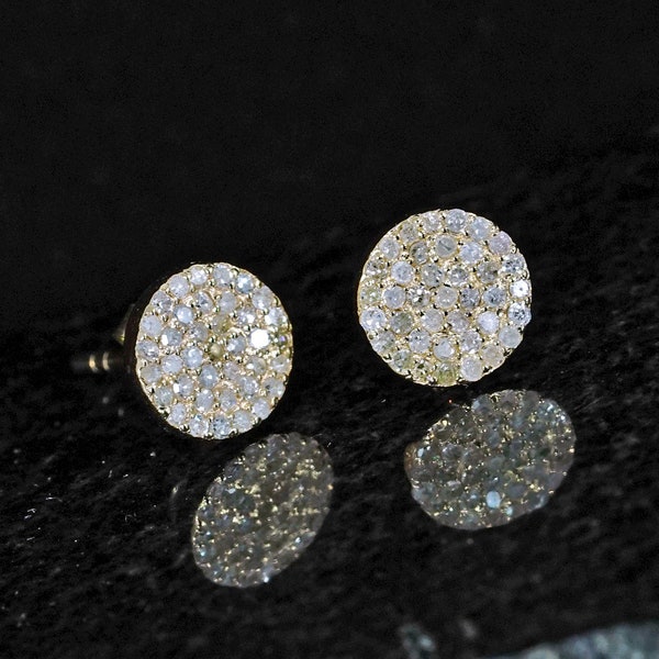 Pave Diamond 8MM Disc Round Stud Earrings Solid 14k Yellow Gold Fine Jewelry Gift For Her Minimalist Earrings Pushback Jewelry New