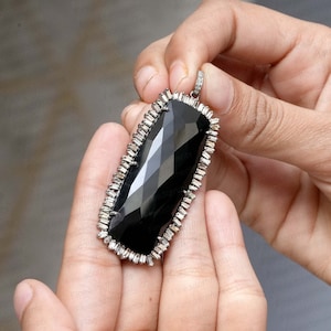 Solid 925 Silver Pendant Black Spinel Gemstone Pave Diamond Pendant Necklace Oxidized Baguette Jewelry Valentine's Day Gift Unisex Pendant