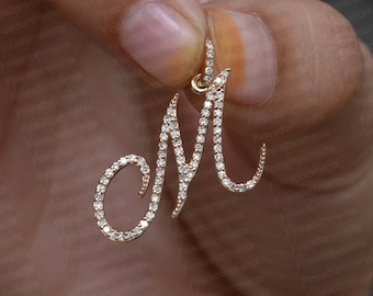 Solid 14k Gold Pendant Pave Diamond Initial M Pendant Valentine&#39;s Jewelry Alphabet Letter Fine Jewelry Handmade Unisex Easter Gift 23X15 MM