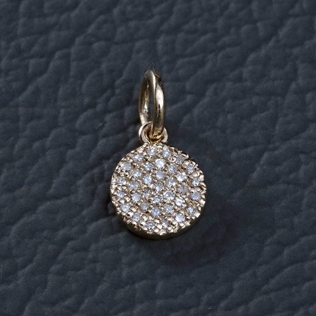Small Rund Charm Pave Diamond Round Disc Charm Pendant Solid 14k Yellow Gold Circle ...